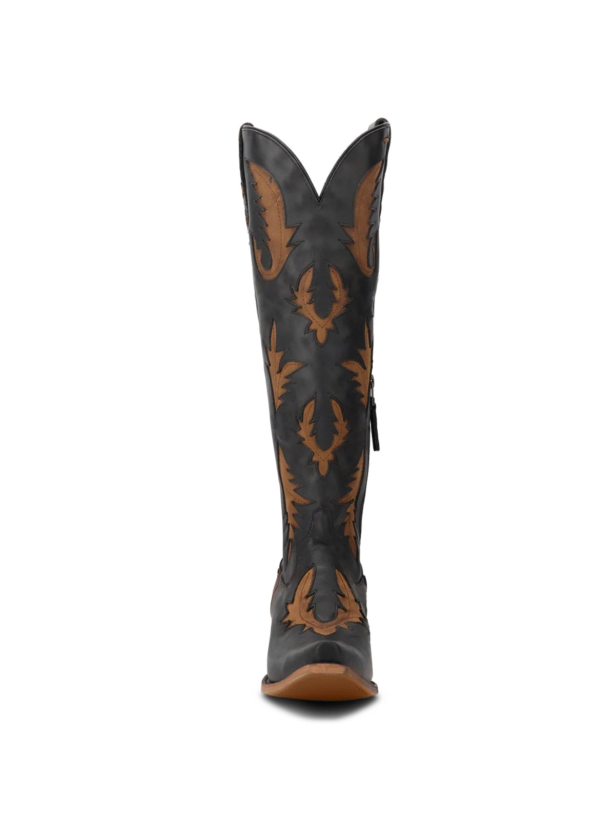 Half-Zip Snip-Toe Embroidery And Inlay Back Lace-Up Knee High Cowgirl Boots - Black