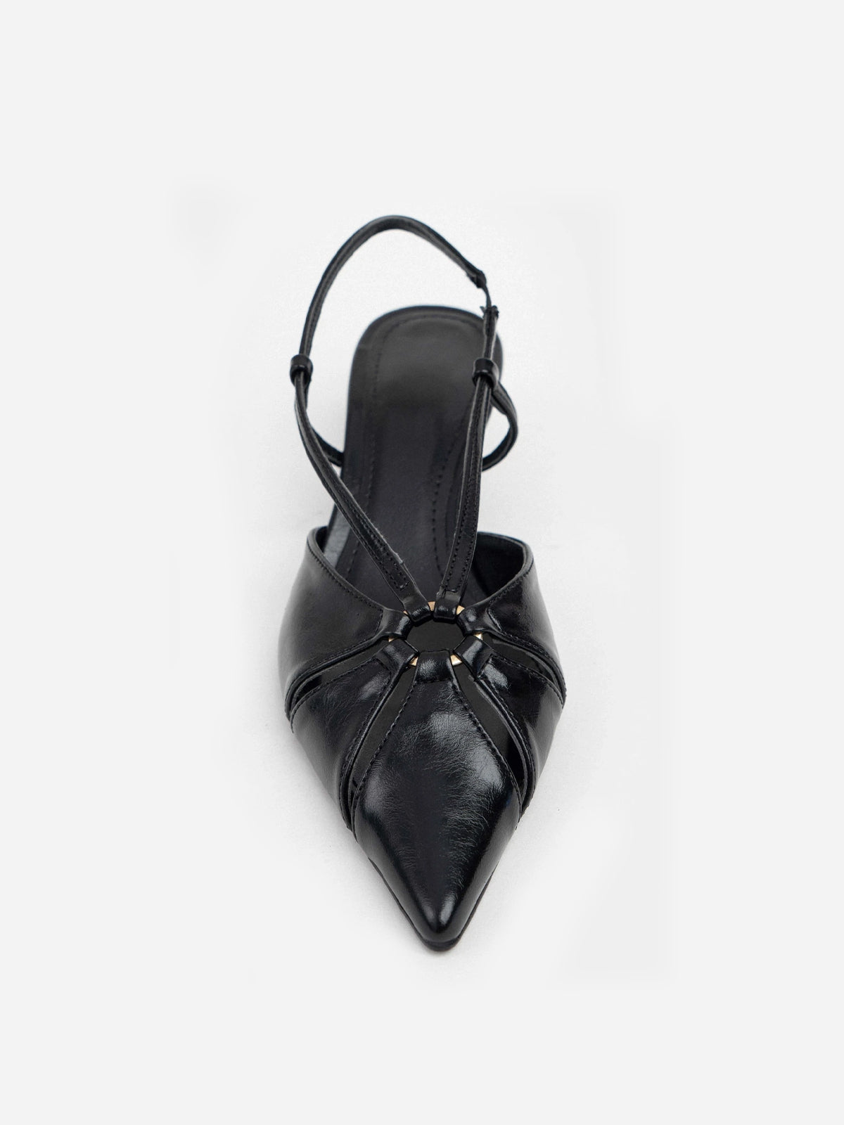 Black Pointed-Toe Elastic Strap Slingback Kitten Heels