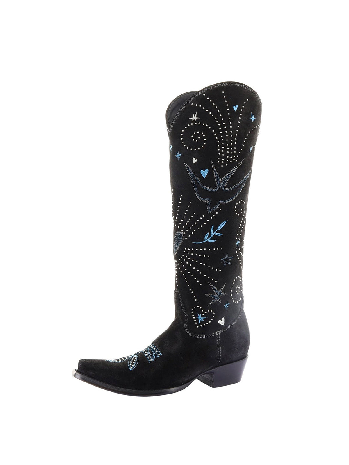 Black Faux Suede Snip-Toe Cosmic Embroidery Little Rhinestones Half-Zip Knee High Cowgirl Boots