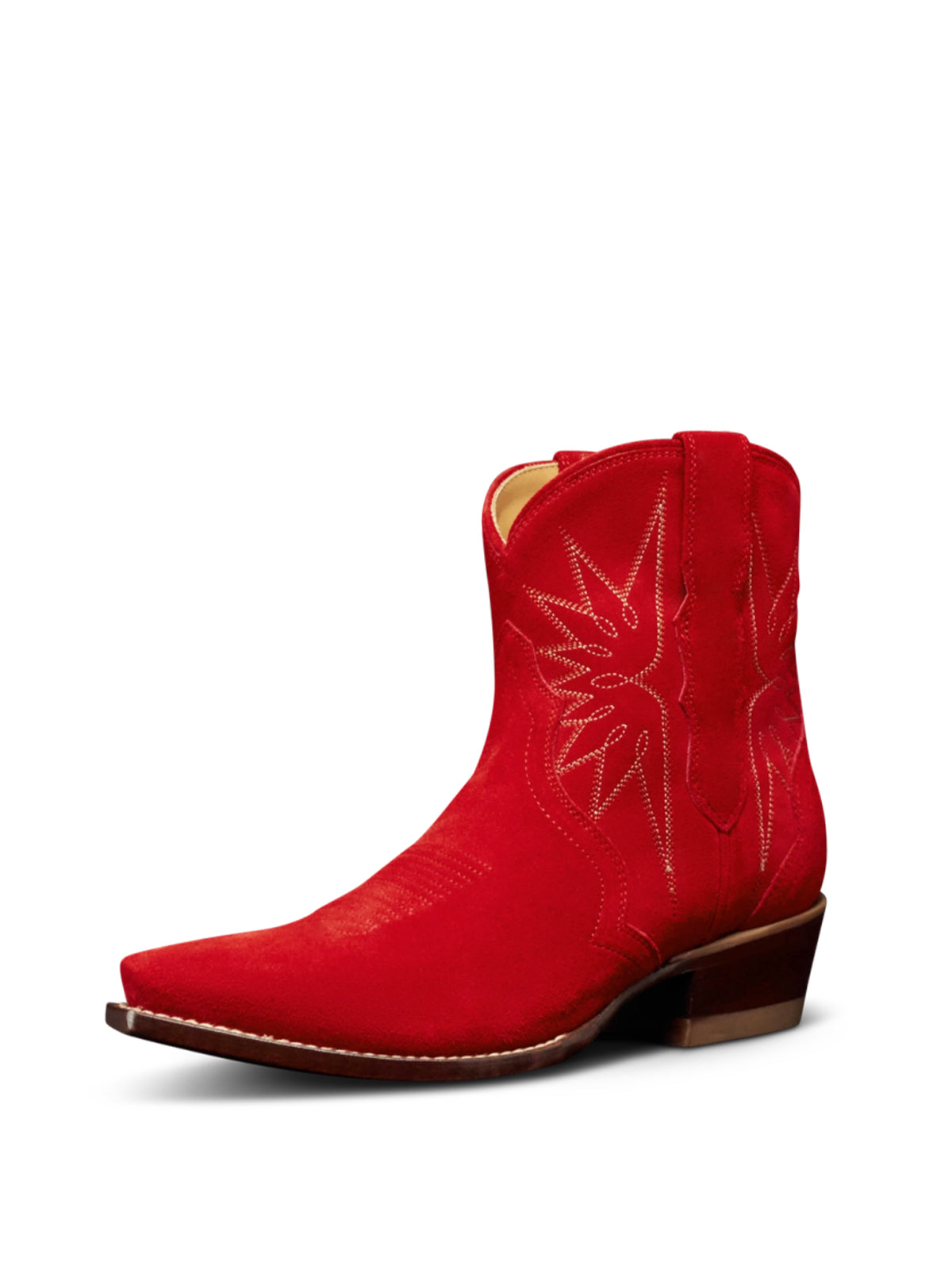 Red Faux Suede Snip-Toe Embroidery Ankle Booties