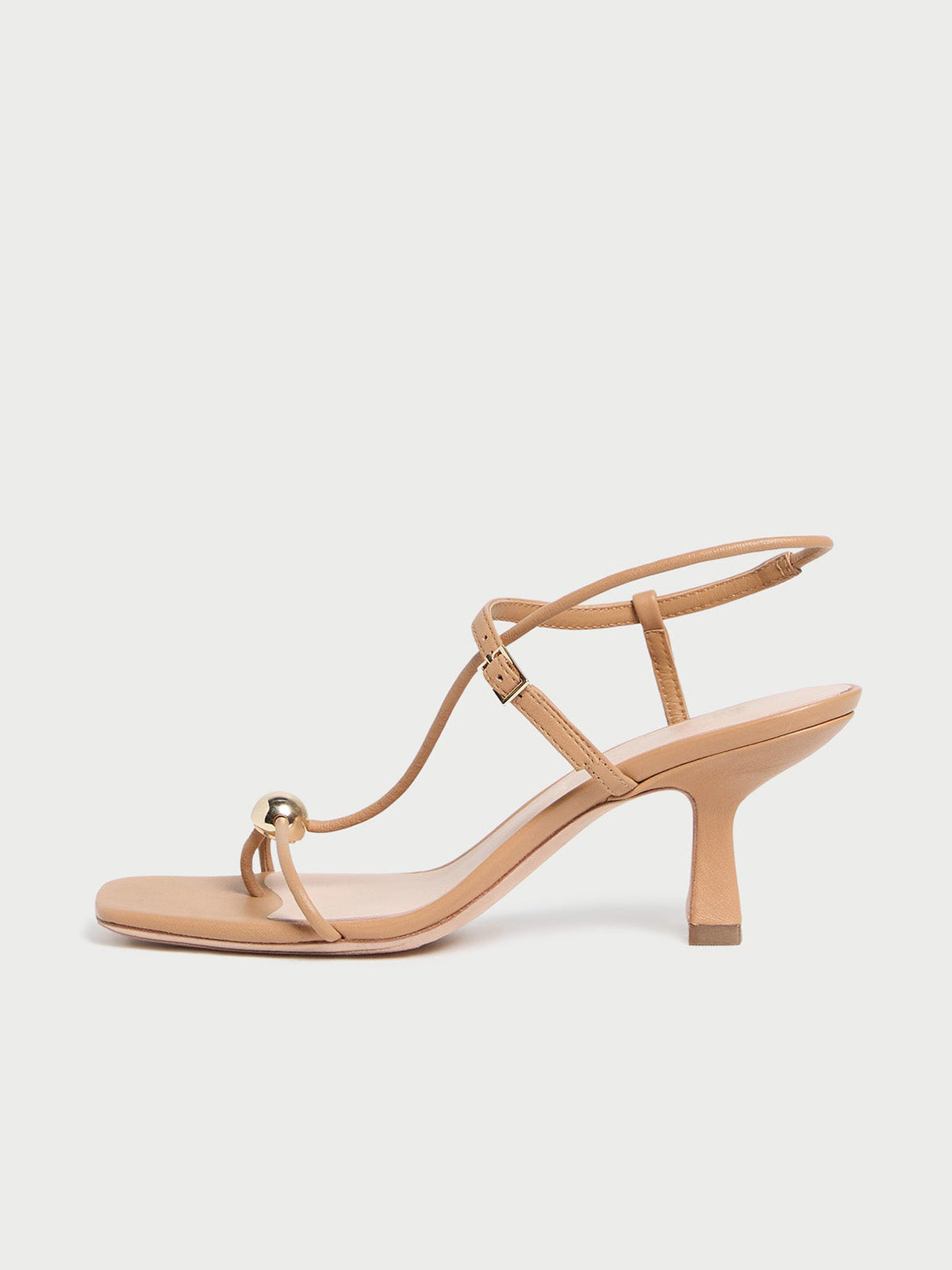 Sand Square-Toe Buckle Strappy Kitten Heels With One Silver Ball