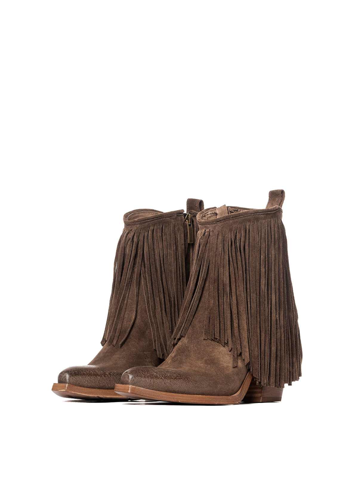 Dark Brown Faux Suede Snip-Toe Fringe Full-Zip Ankle Cowgirl Boots