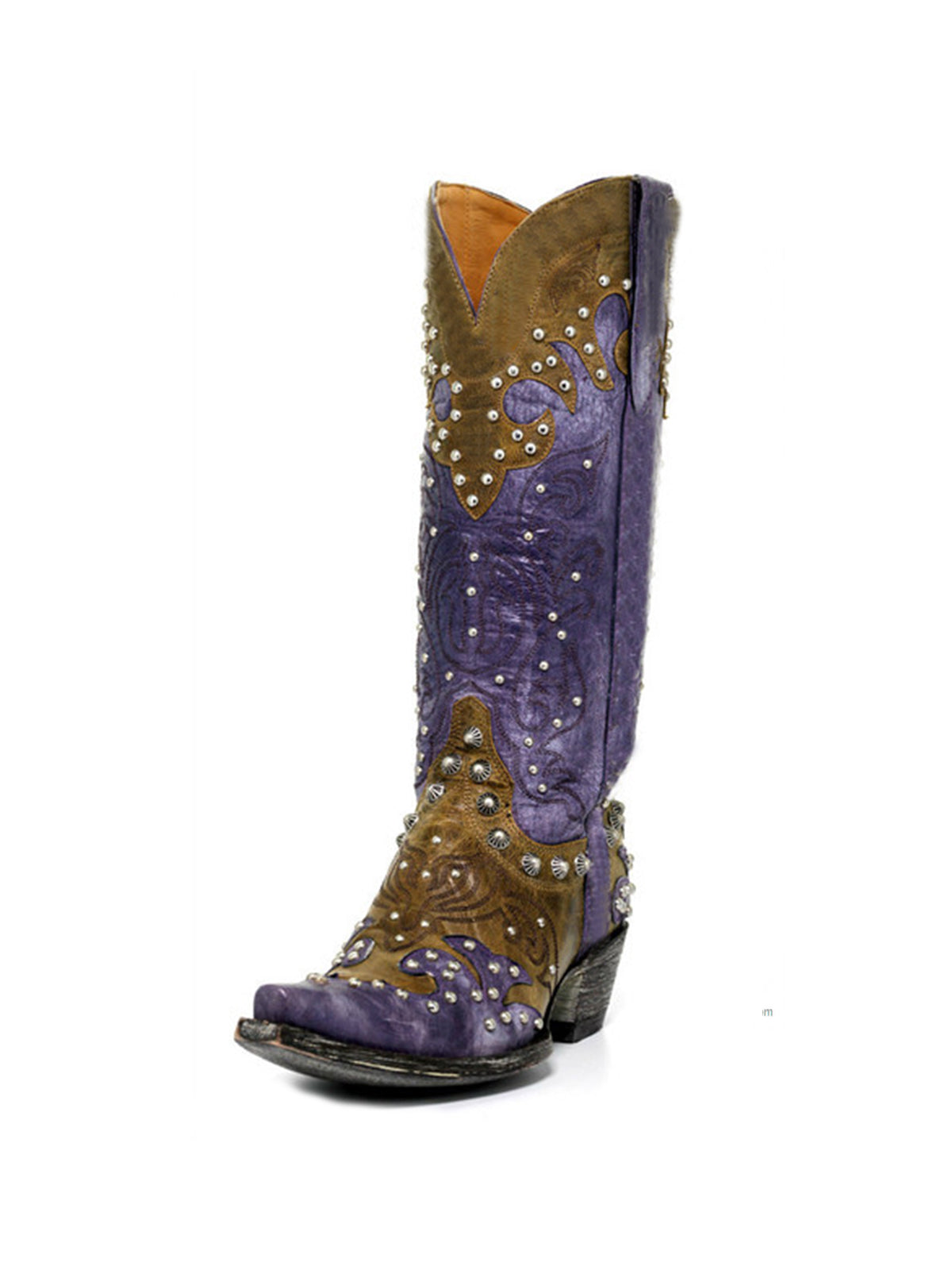 Contrast Purple And Green Snip-Toe Studs And Embroidery Mid Calf Cowgirl Boots