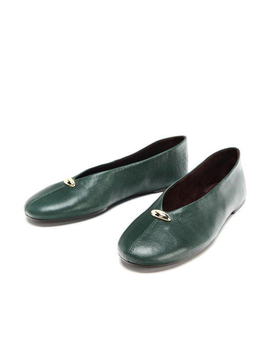 Green Round-Toe V-Cut Vamp Front Metal Block Flats