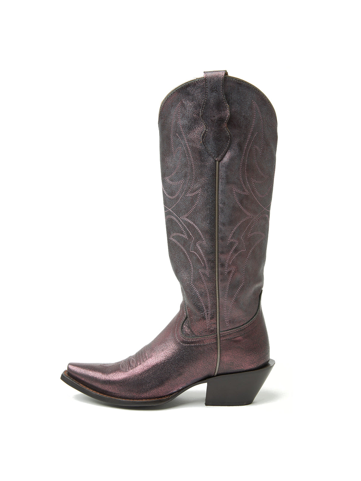 Metallic Pewter Snip-Toe Embroidery Wide Calf Knee High Cowgirl Boots