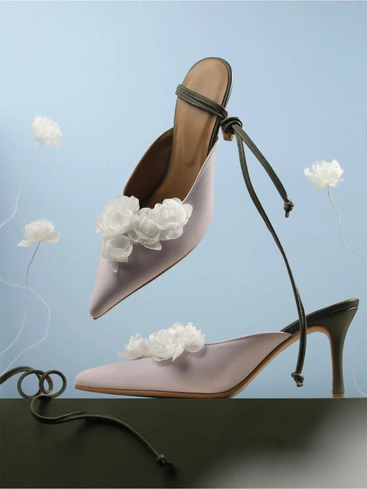 Light Lilac Pointed-Toe Front Floral Detail Backless Chic High Heels