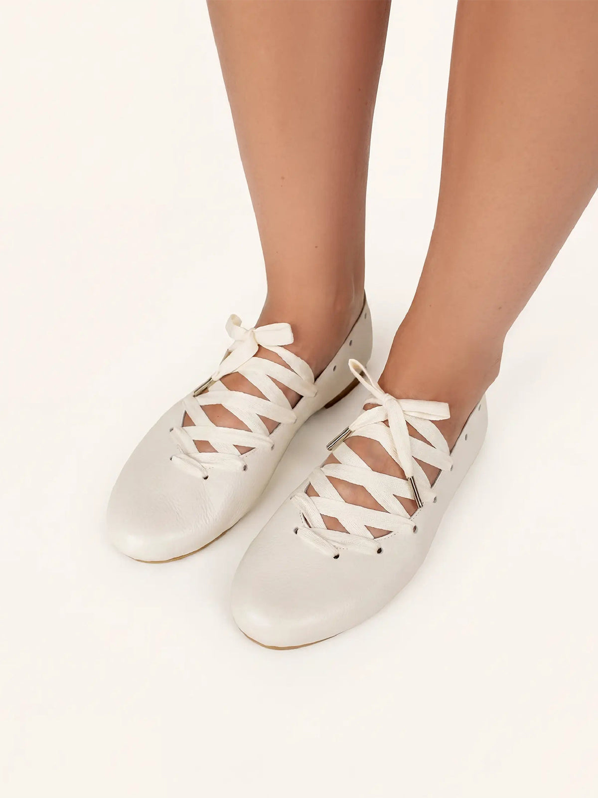 Ivory Round-Toe Lace-Up Stylish Ballet Flats
