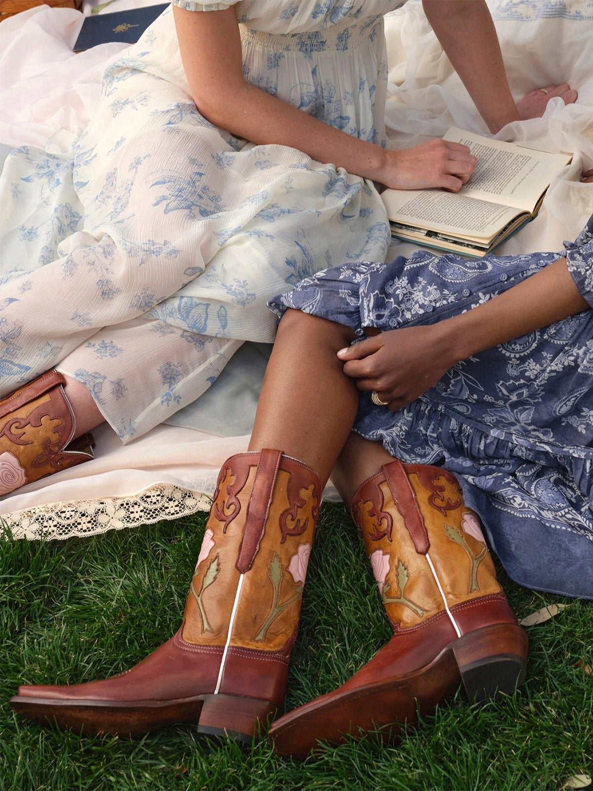 Contrast Brandy And Tan Snip-Toe Big Rose Inlay Mid Calf Cowgirl Boots