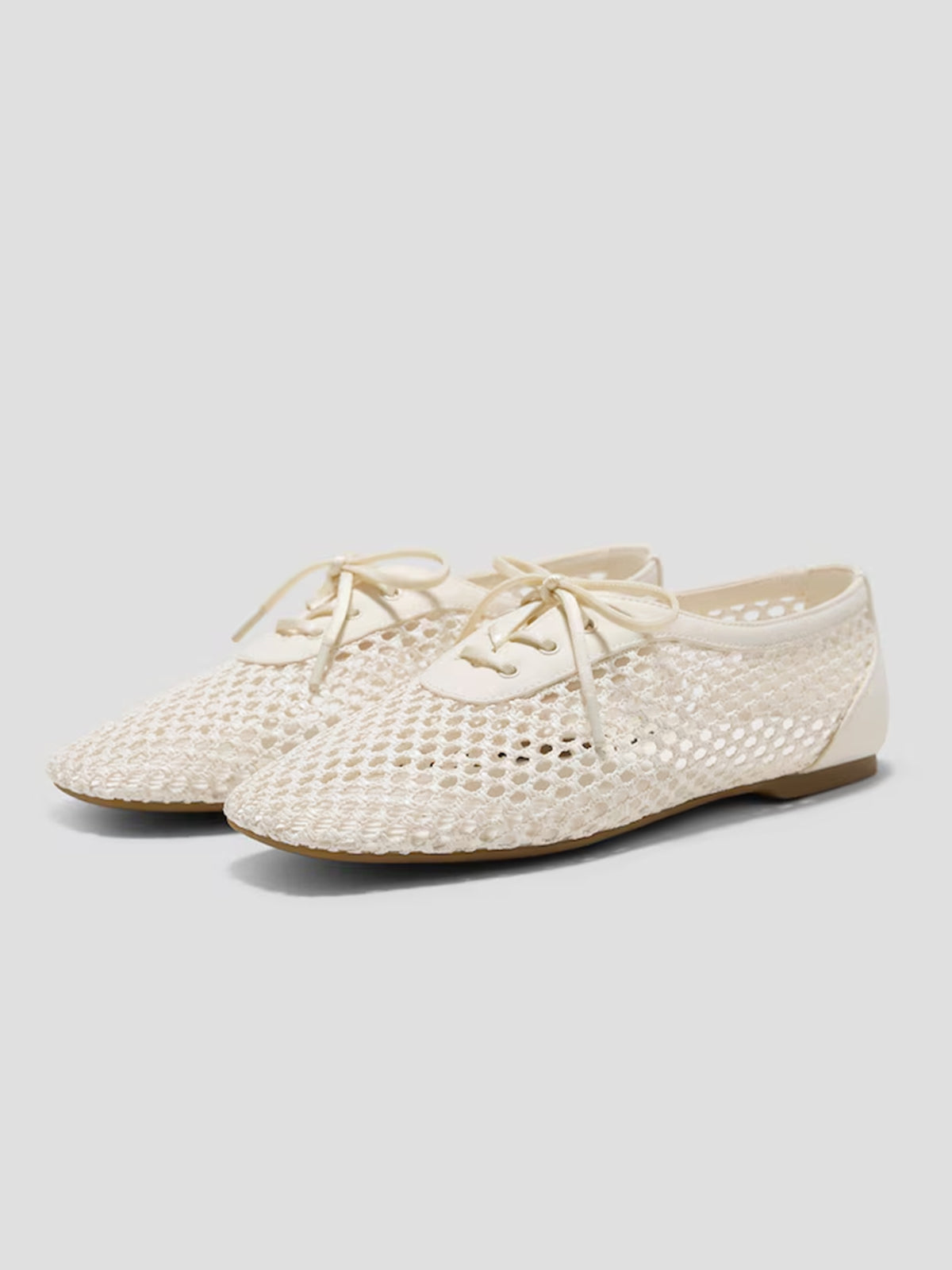 Cream Grass Woven And Faux Suede Square-Toe Lace-Up Chic Flats
