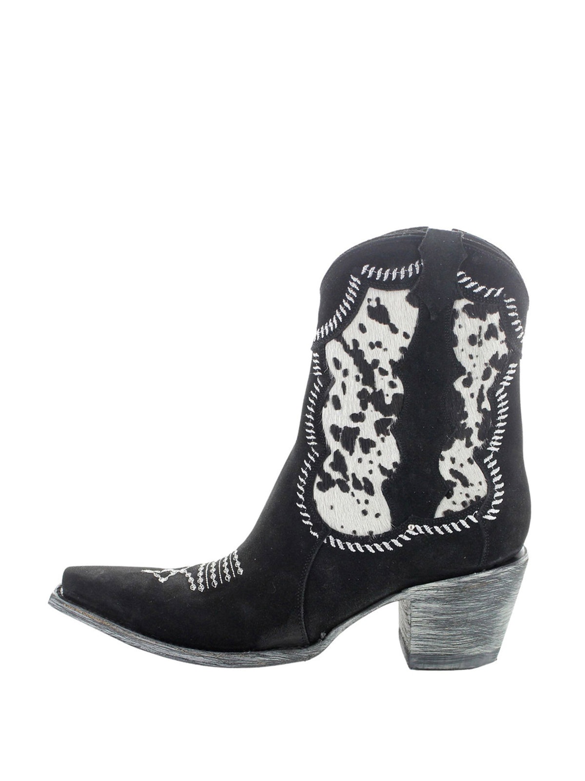 Contrast Black And Cow Print Snip-Toe Full-Zip Ankle Cowgirl Boots