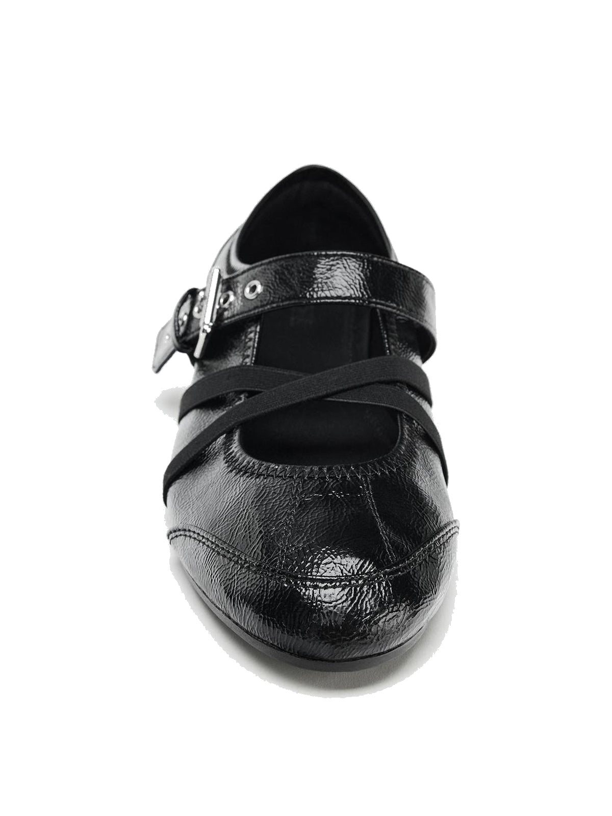 Patent Black Round-Toe Crossed Straps And Buckle Mary Jane Ballet Flats