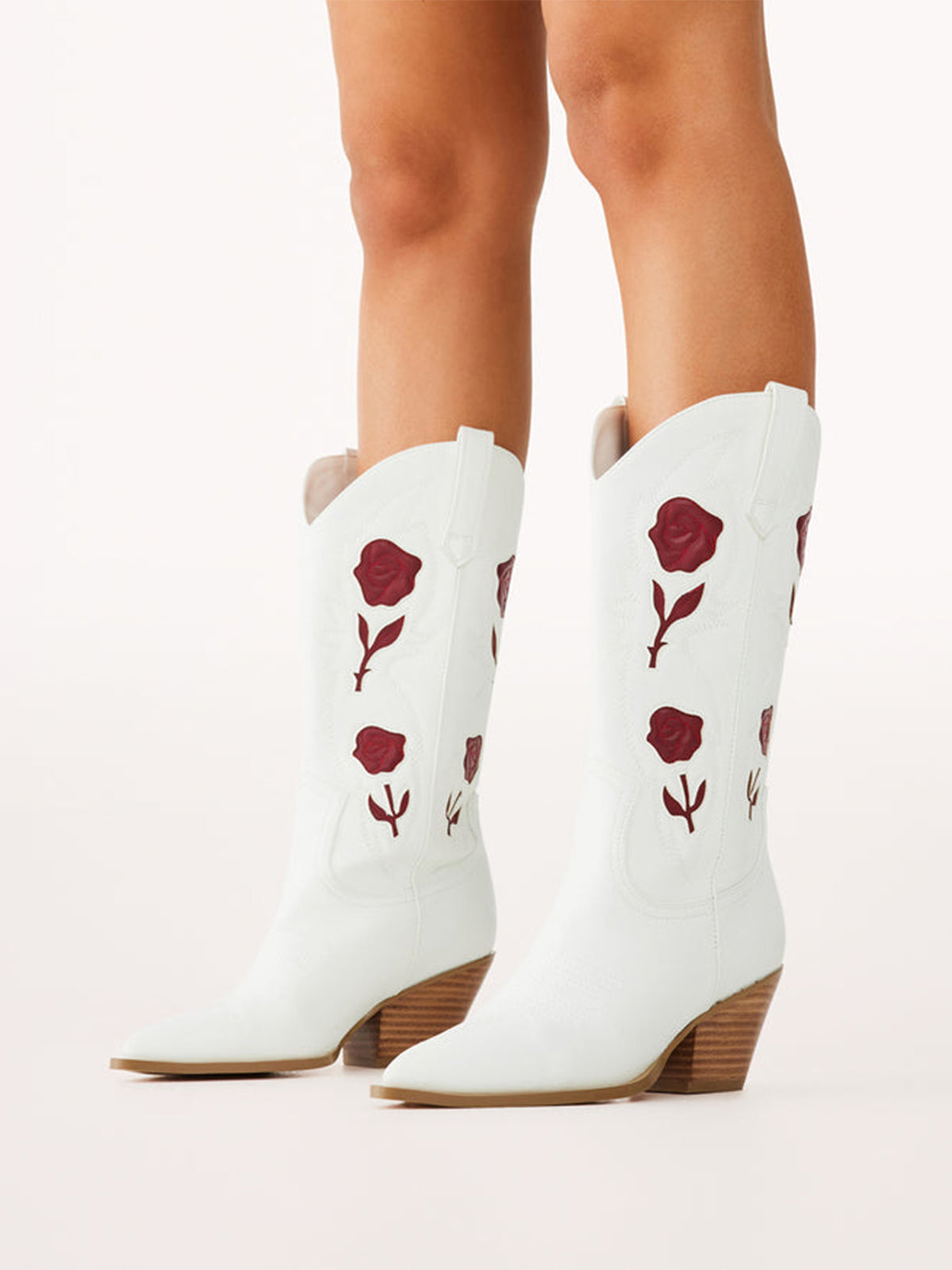 White Almond-Toe Red Rose Inlay Mid Calf Cowgirl Boots
