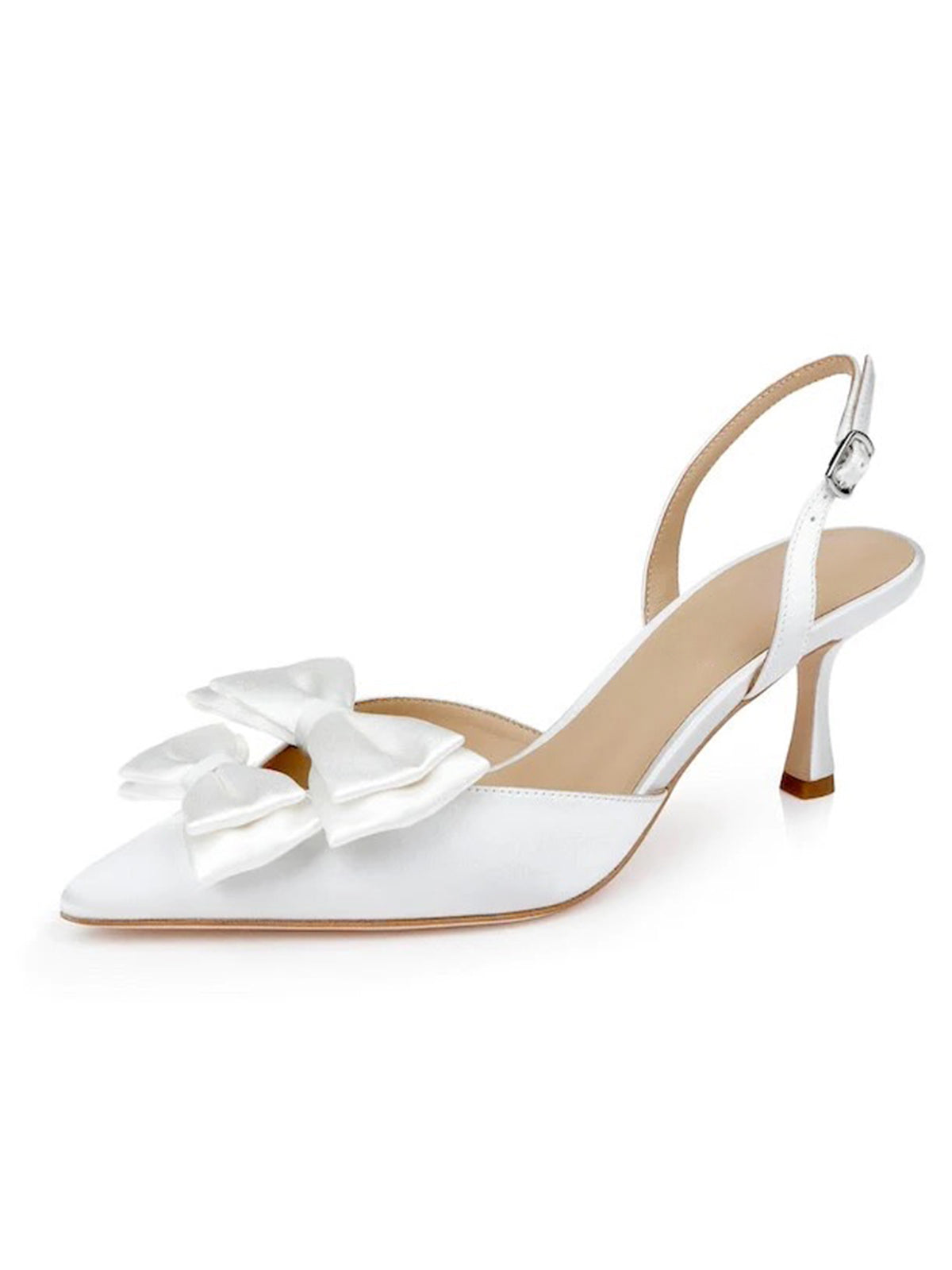 White Satin Pointed-Toe Front Double Bows Slingback High Heels
