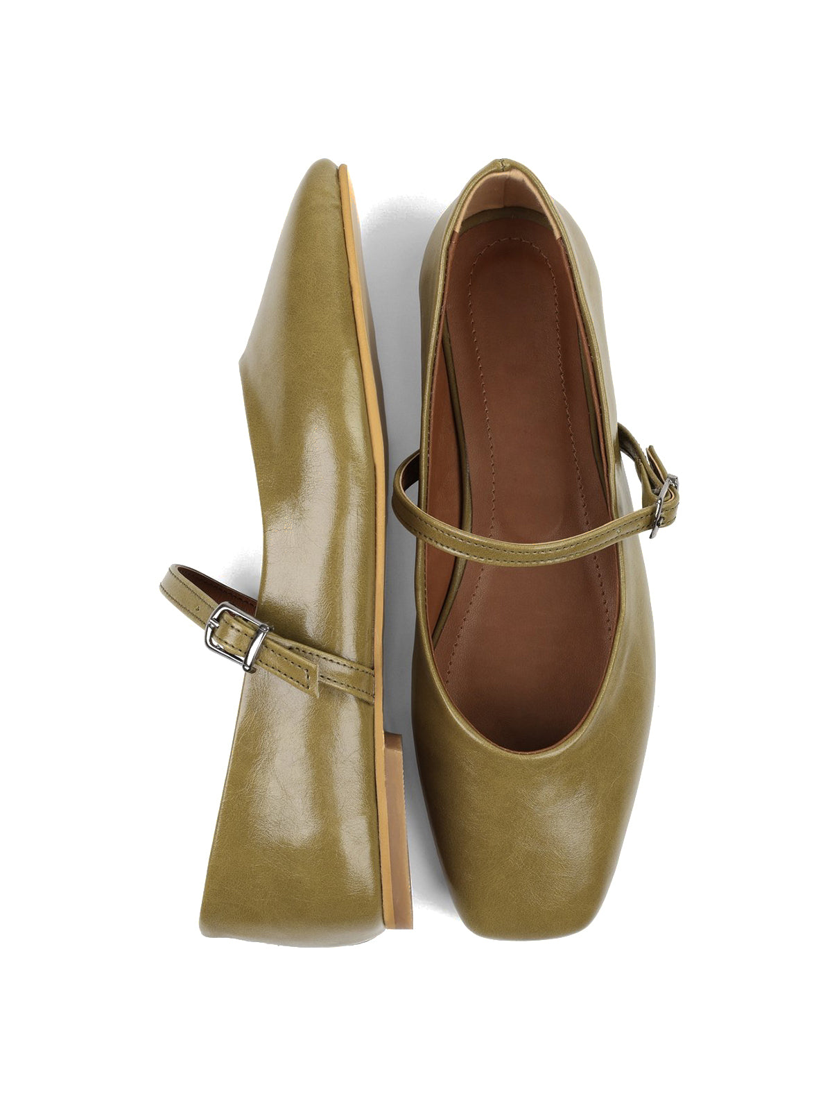 Olive Green Square-Toe Buckle Bridge Strap Stylish Ballet Flats