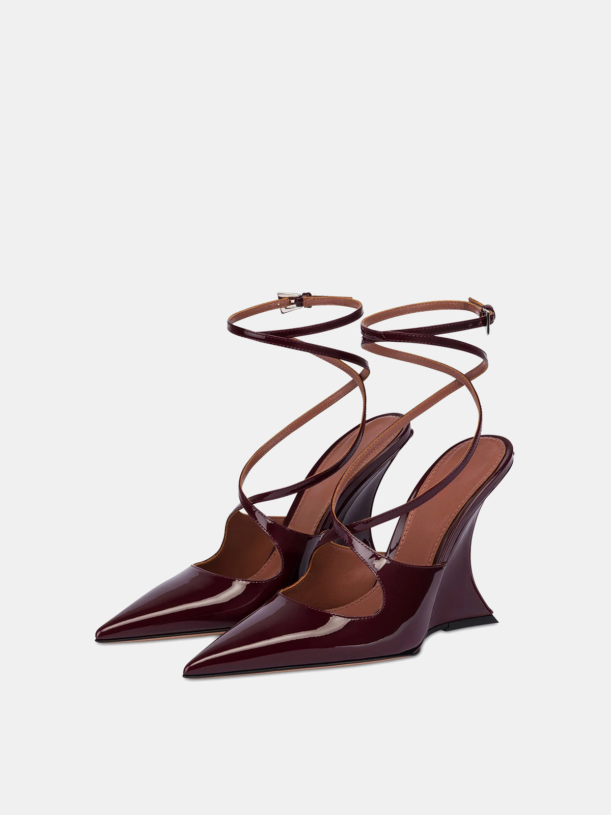 Patent Burgundy Pointed-Toe Ankle Strap Covered Wedge High Heels