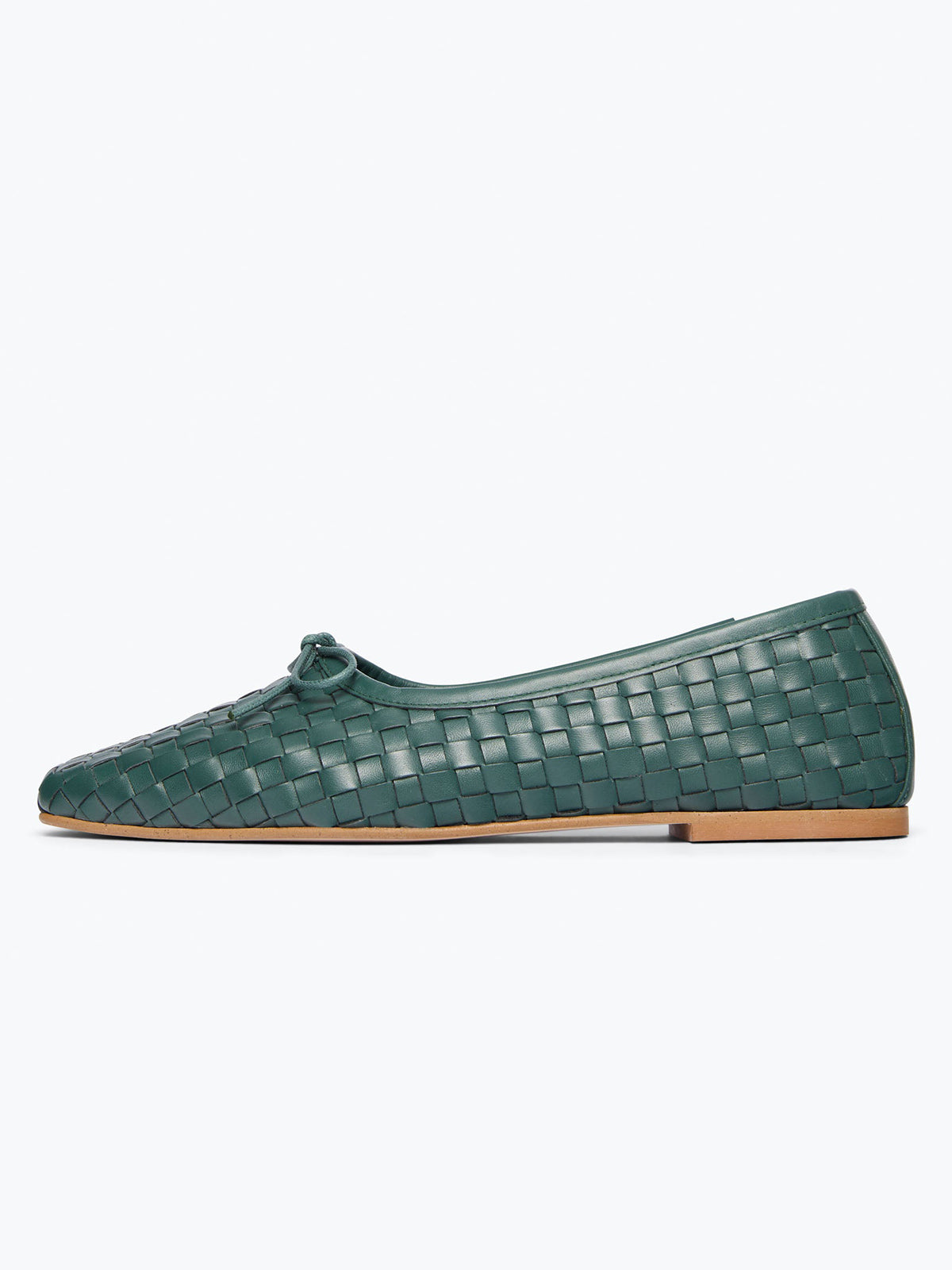 Green Woven Vegan Leather Square-Toe Front Bow Slip-On Ballet Flats