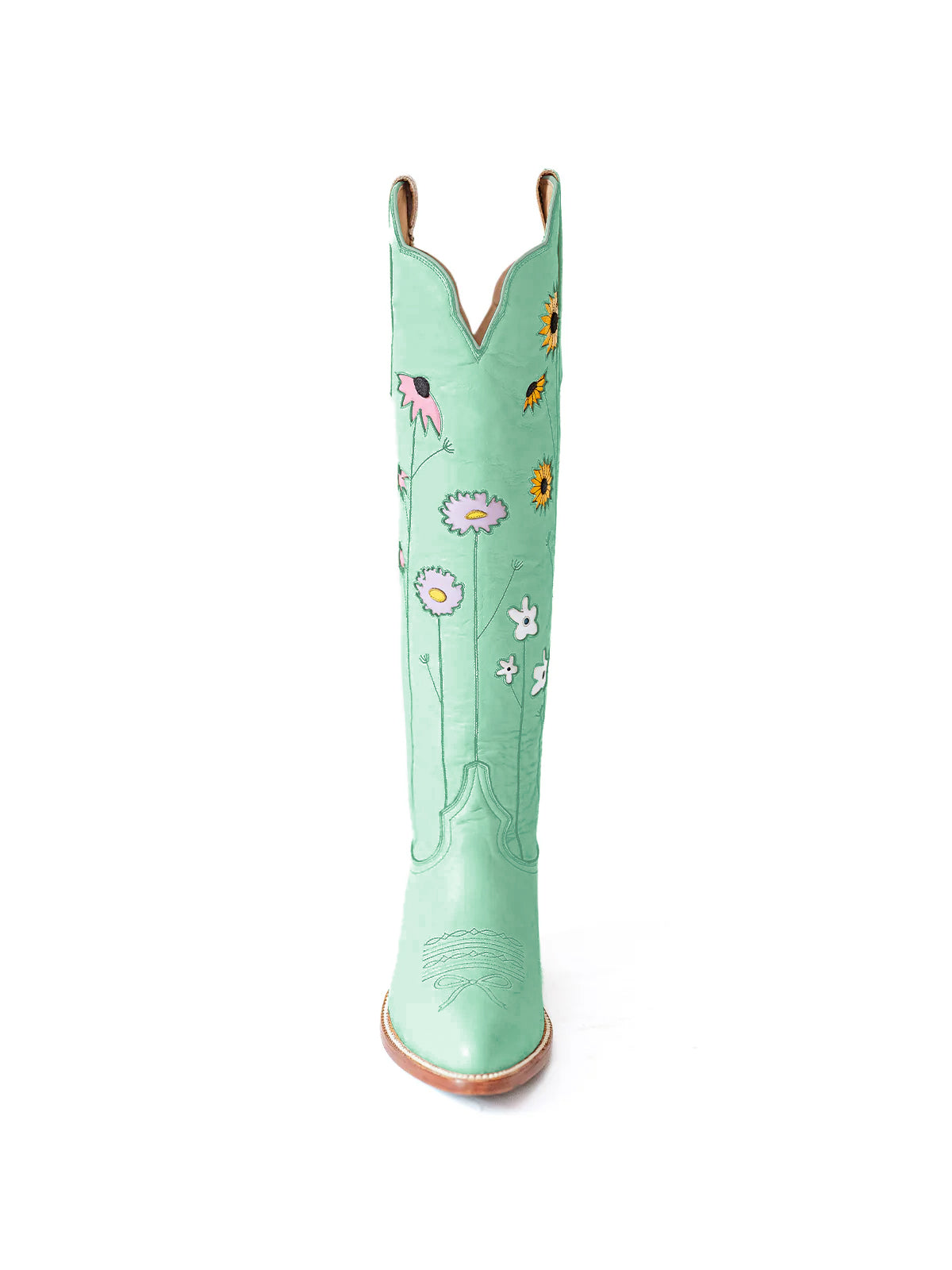 Green Almond-Toe Colorful Flowers Inlay Wide Calf Knee High Cowgirl Boots