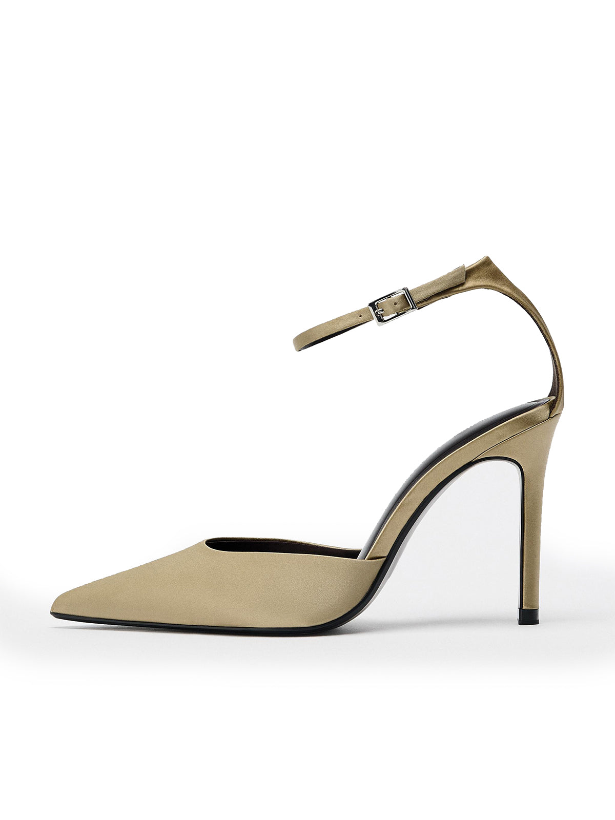 Green Satin Pointed-Toe Ankle Strap Simple High Heels