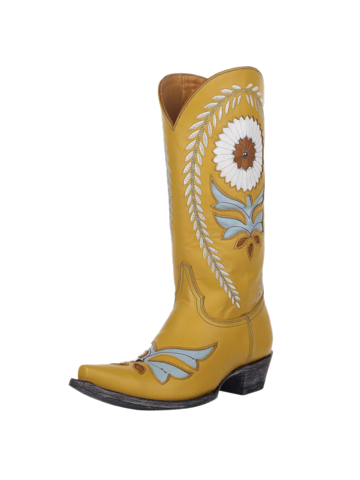 Yellow Snip-Toe Sunflower Inlay Rice Ears Embroidery Mid Calf Cowgirl Boots