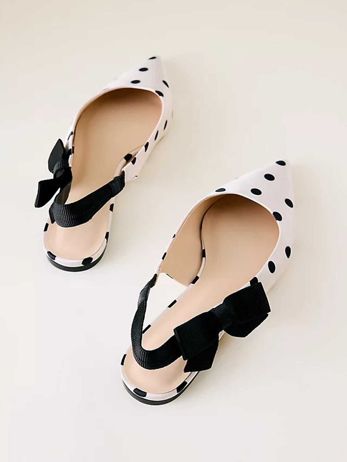 Ivory Polka Dot Satin Pointed-Toe Side-Bow Slingback Flats