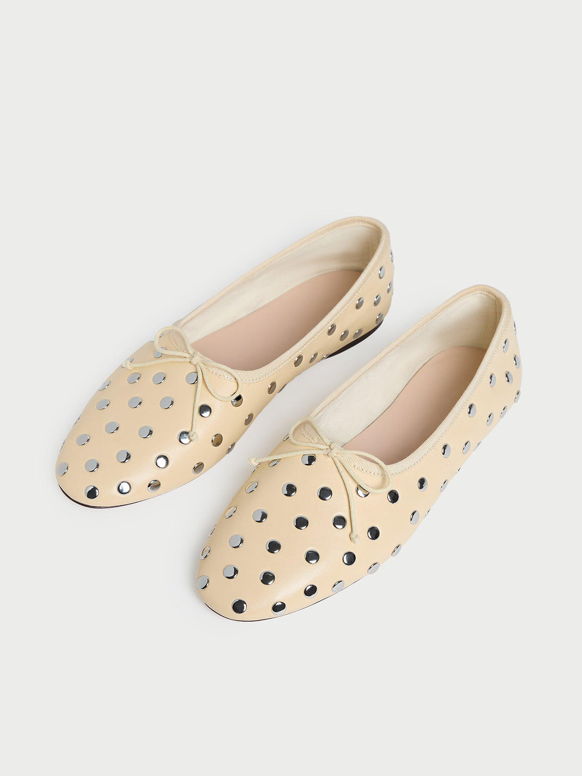Yellow Round-Toe Front Bow Ballet Flats With Studs
