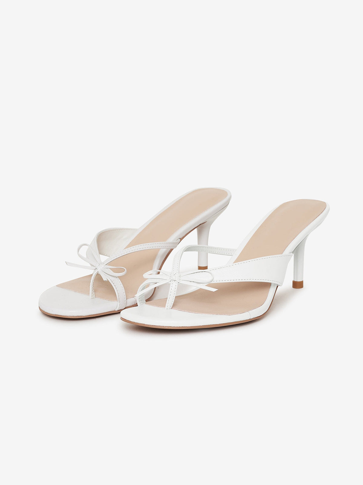 White Round-Toe Front Bow Wide Strap Kitten Heels