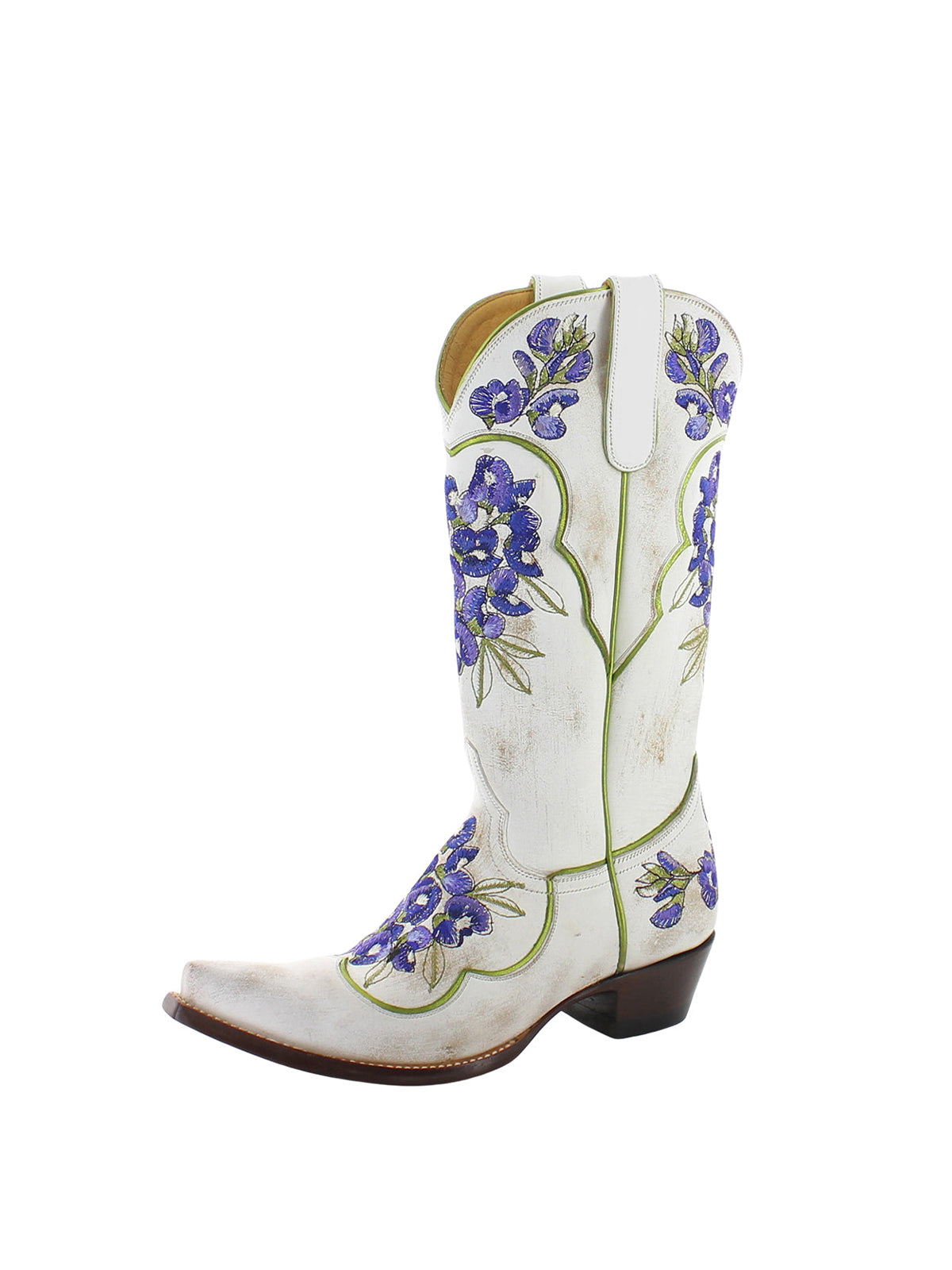 Каубойски ботуши до средата на прасеца с бродерия и сини цветя в цвят слонова кост с къси пръсти