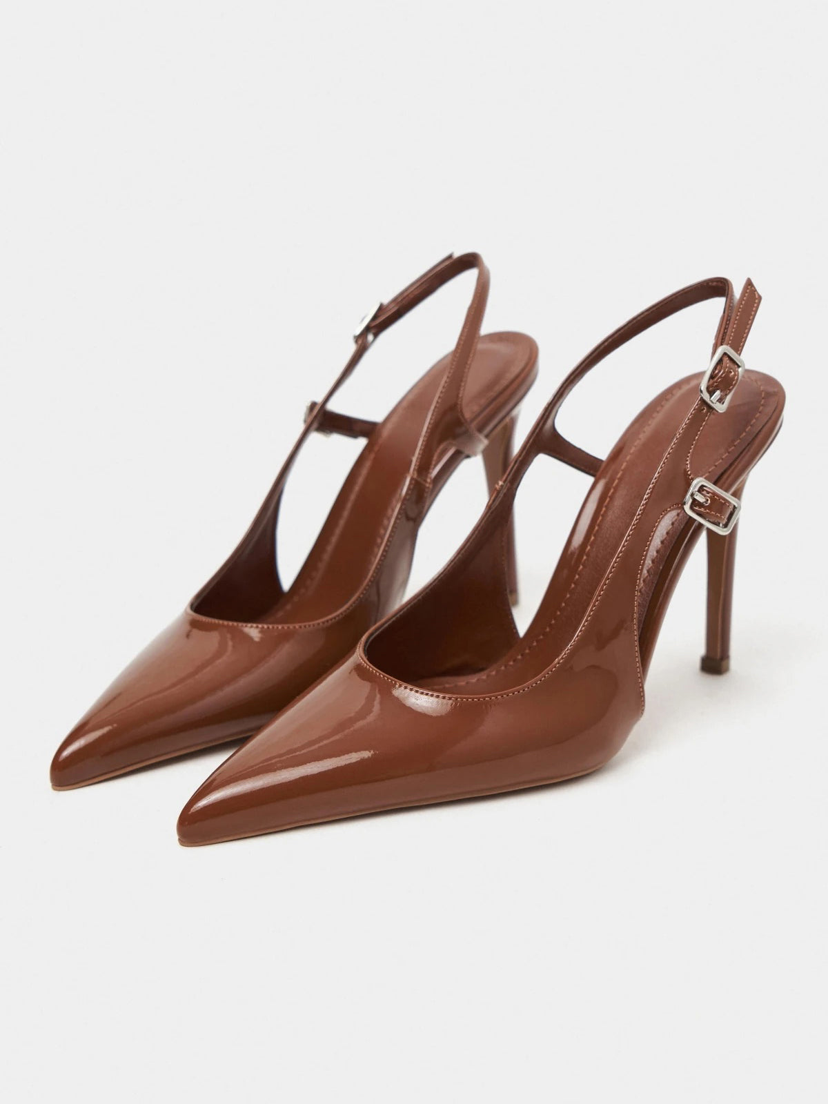 Patent Leather Pointed-Toe Buckle Back Strap Chic High Heels - Brown