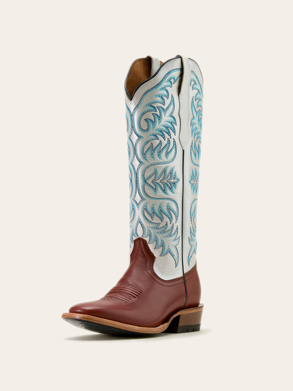 Contrast Cognac And Metallic Ivory Square-Toe Embroidery Wide Mid Calf Cowgirl Boots