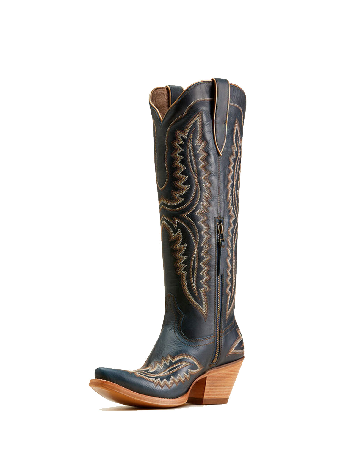 Western Embroidery Tall Snip-Toe Half-Zip Knee High Cowgirl Boots - Dark Navy