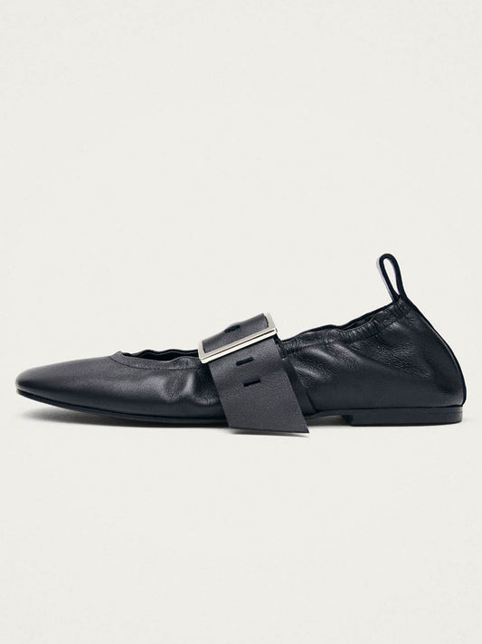 Black Square-Toe Big Buckle Middle Strap Chic Ballet Flats