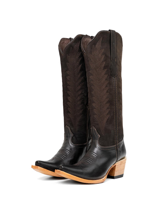 Brown Faux Suede And Vegan Leather Snip-Toe Embroidery Half-Zip Knee High Chic Cowgirl Boots