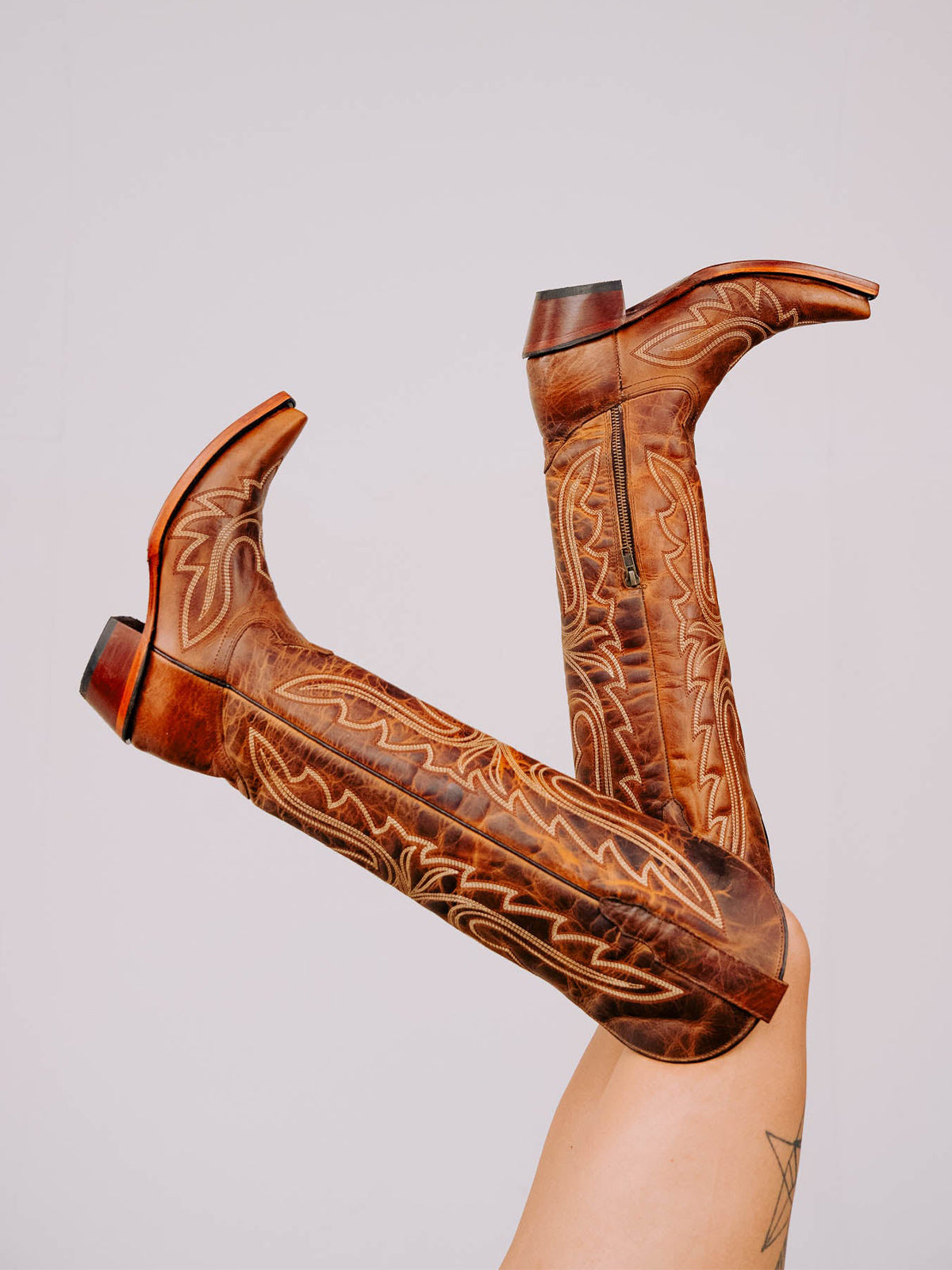 Distressed Honey Snip-Toe Embroidery Knee High Tall Half-Zip Cowgirl Boots