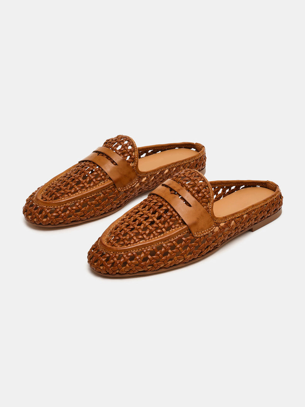 Brown Woven Vegan Leather Round-Toe Backless Simple Flats