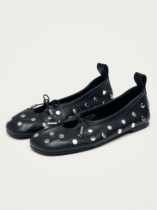 Black Square-Toe Full Studs And Front Bow Chic Ballet Flats