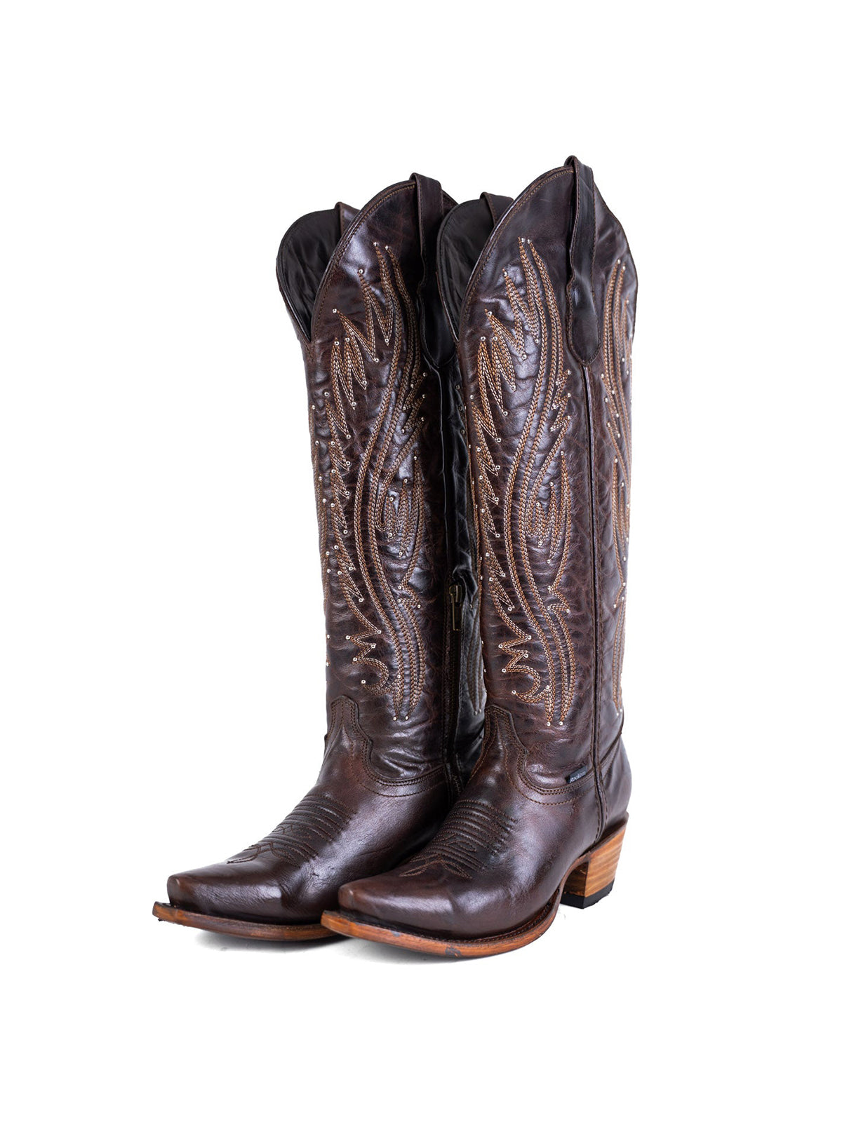 Chocolate Western Snip-Toe Embroidery And Studs Half-Zip Knee High Cowgirl Boots