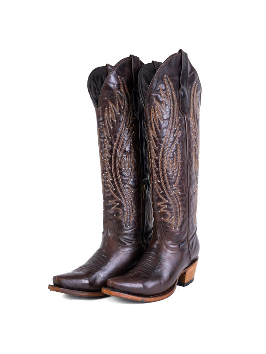 Chocolate Western Snip-Toe Embroidery And Studs Half-Zip Knee High Cowgirl Boots