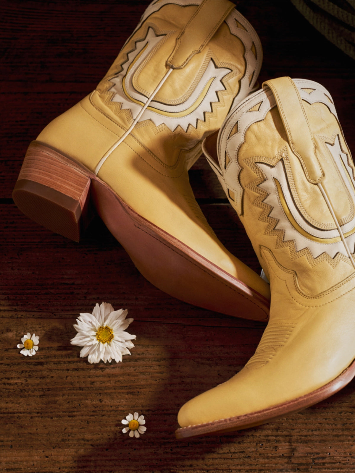 Pale Yellow Almond-Toe Horseshoe Inlay Cowgirl Ankle Boots
