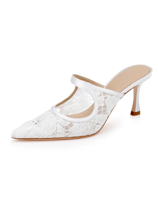 White Lace Mesh And Satin Pointed-Toe Mary Jane Slip-On High Heels