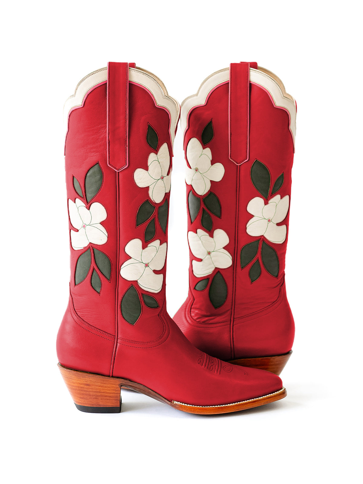Red Almond-Toe White Flower Inlay Wide Calf Knee High Cowgirl Boots