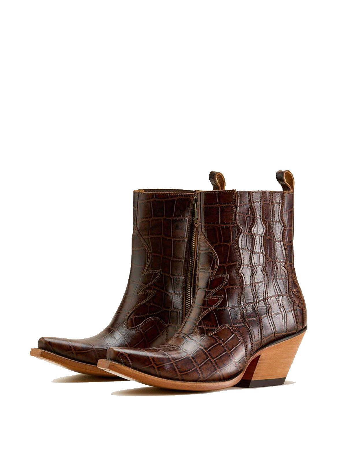 Coffee Stone-Print Snip-Toe Full-Zip Ankle Cowgirl Boots