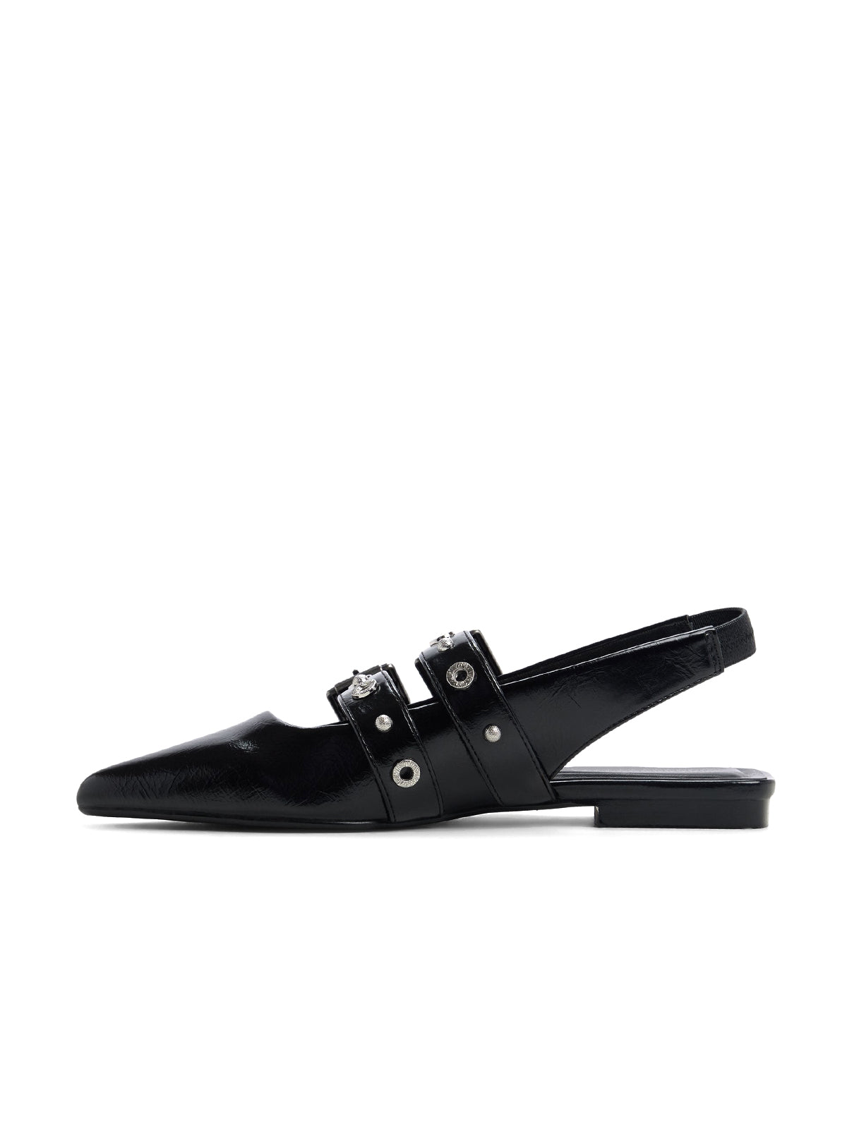 Black Pointed-Toe Double Bridge Straps Slingback Flats