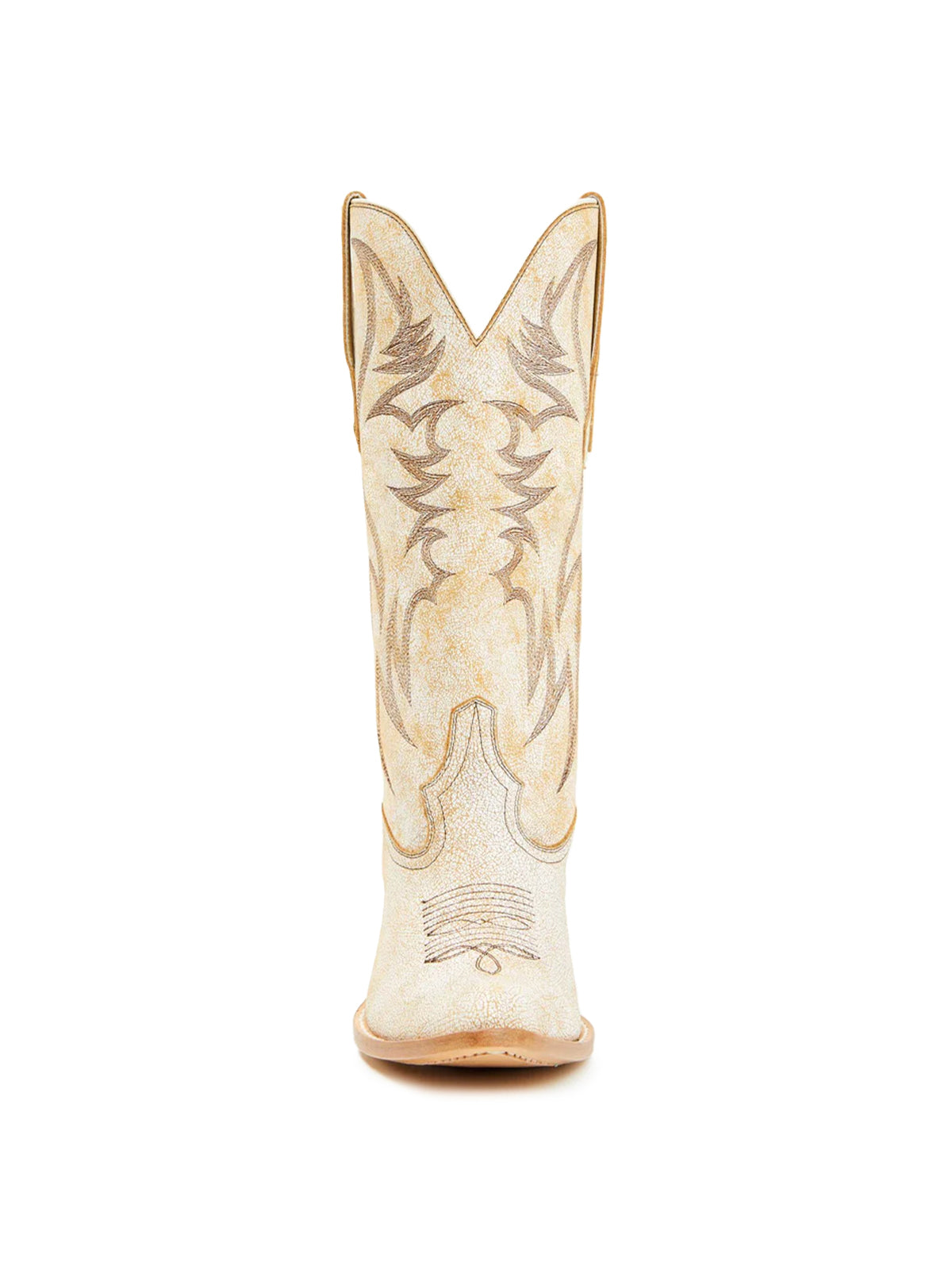 Faux Suede Wings Embroidery Pointed-Toe Mid Calf Cowgirl Boots - Distressed Ivory