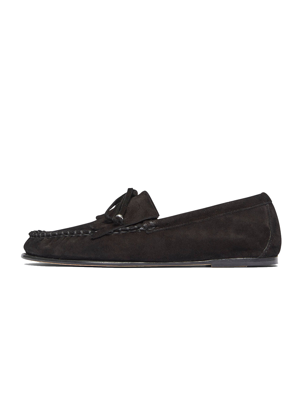 Black Cow Suede Round-Toe Front Bow And Fringe Flats