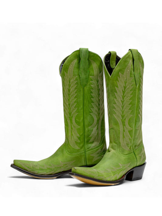 Green Snip-Toe Wide Calf Embroidery Knee High Cowgirl Boots