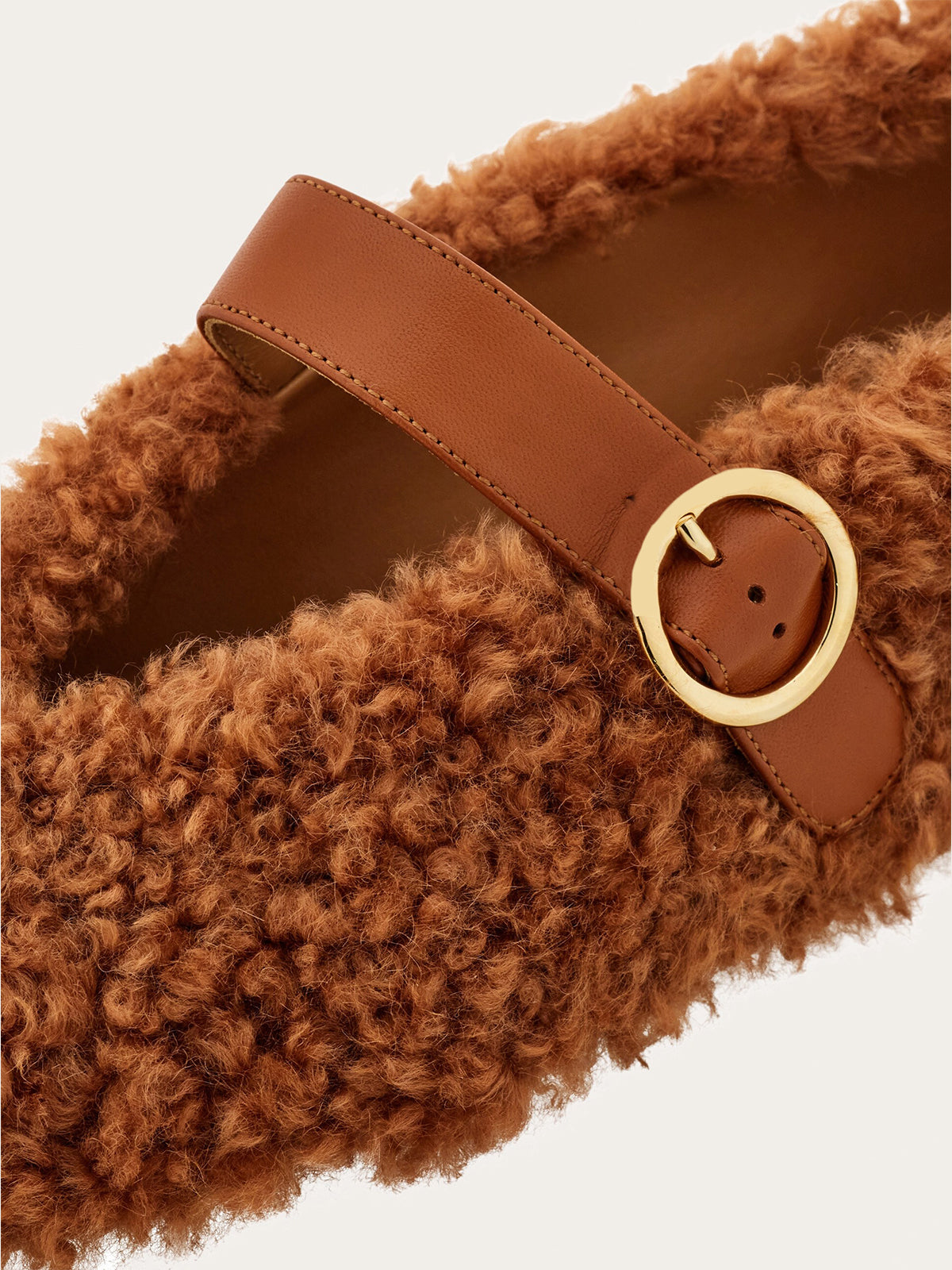 Brown Plush Square-Toe Vegan Leather Bridge Strap Ballet Flats