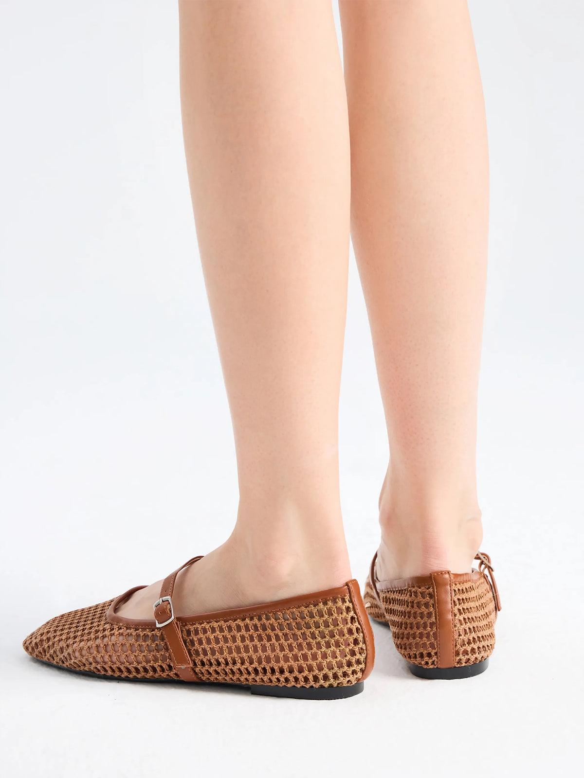 Brown Grass Woven Round-Toe Buckle Mary Jane Chic Flats