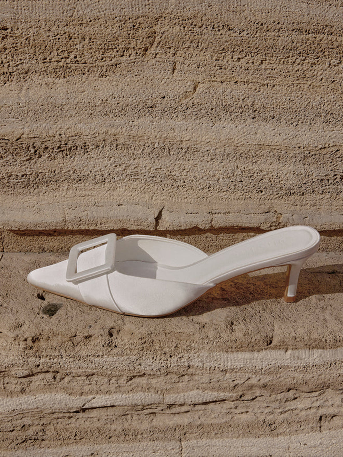 White Satin Pointed-Toe Simple Slip-On Kitten Heels