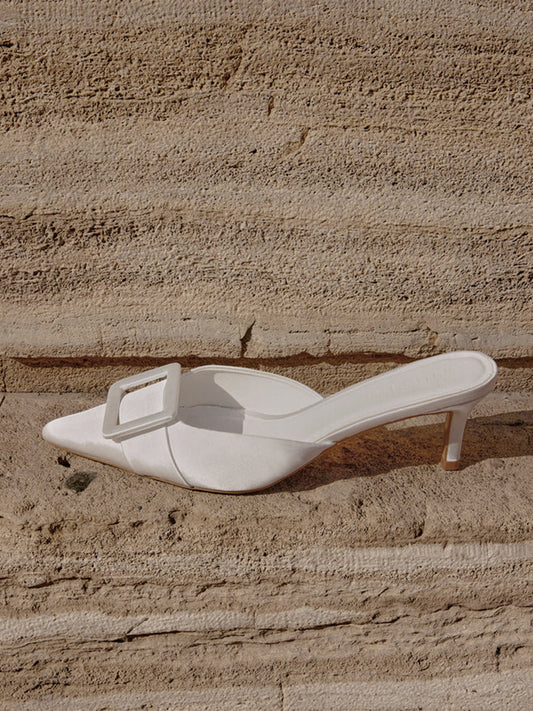 White Satin Pointed-Toe Simple Slip-On Kitten Heels