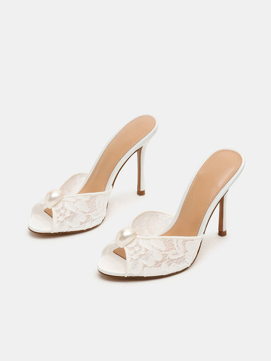 White Lace Mesh Peep Round-Toe Backless Slip-On High Heels